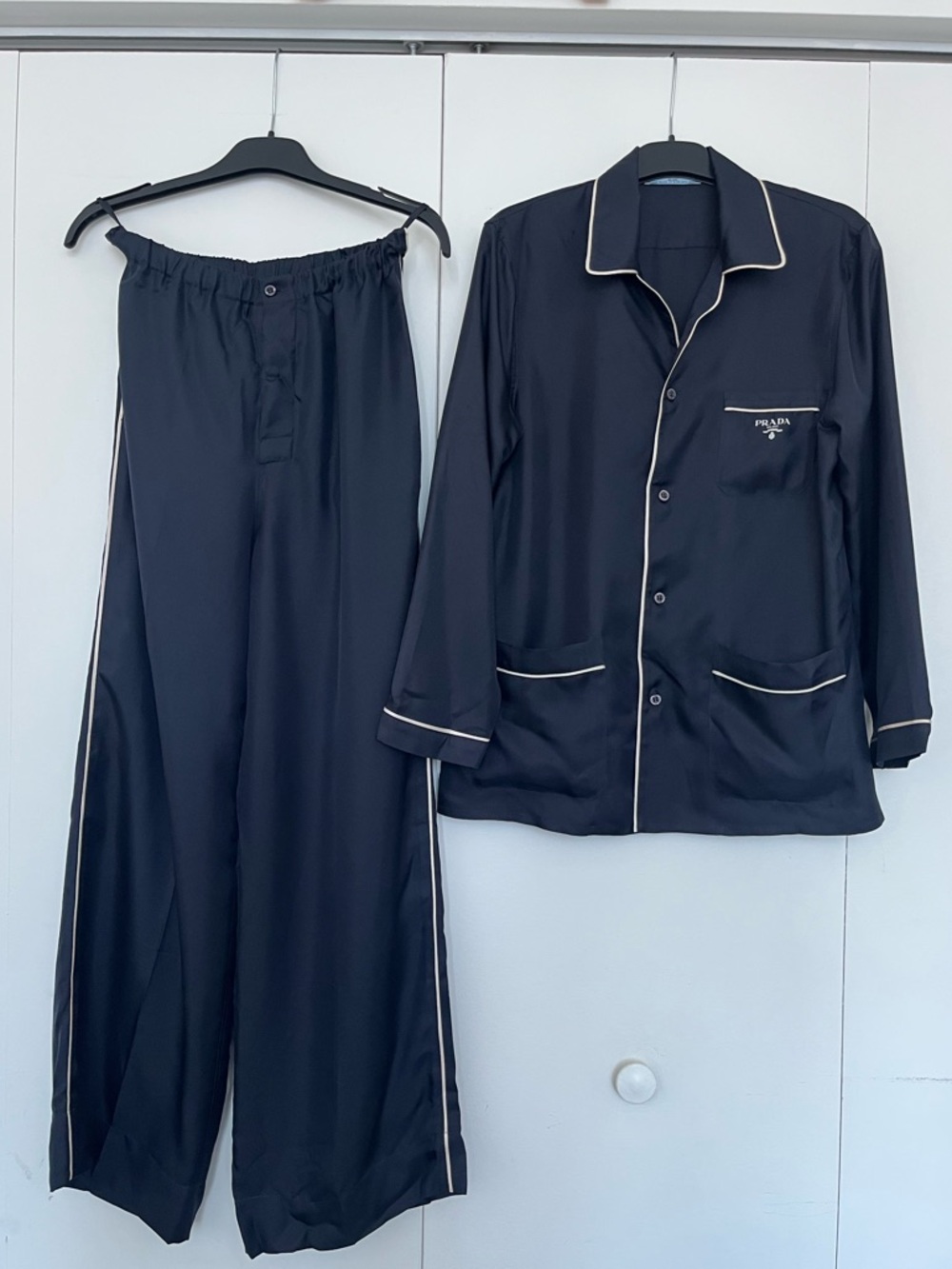 Prada Black Satin Pajama Set with Cream Piping Trim XS